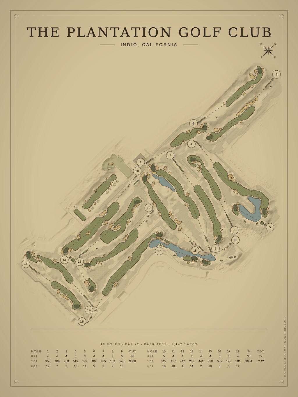 The Plantation Golf Club course map poster, Vintage style, 12×16 / 18×24