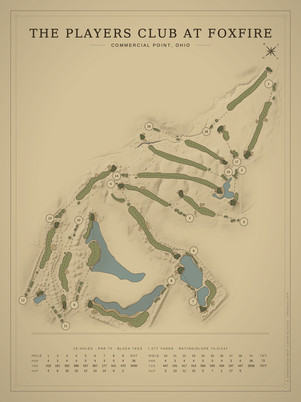 The Players Club at Foxfire course map poster, Vintage style, 12×16 / 18×24