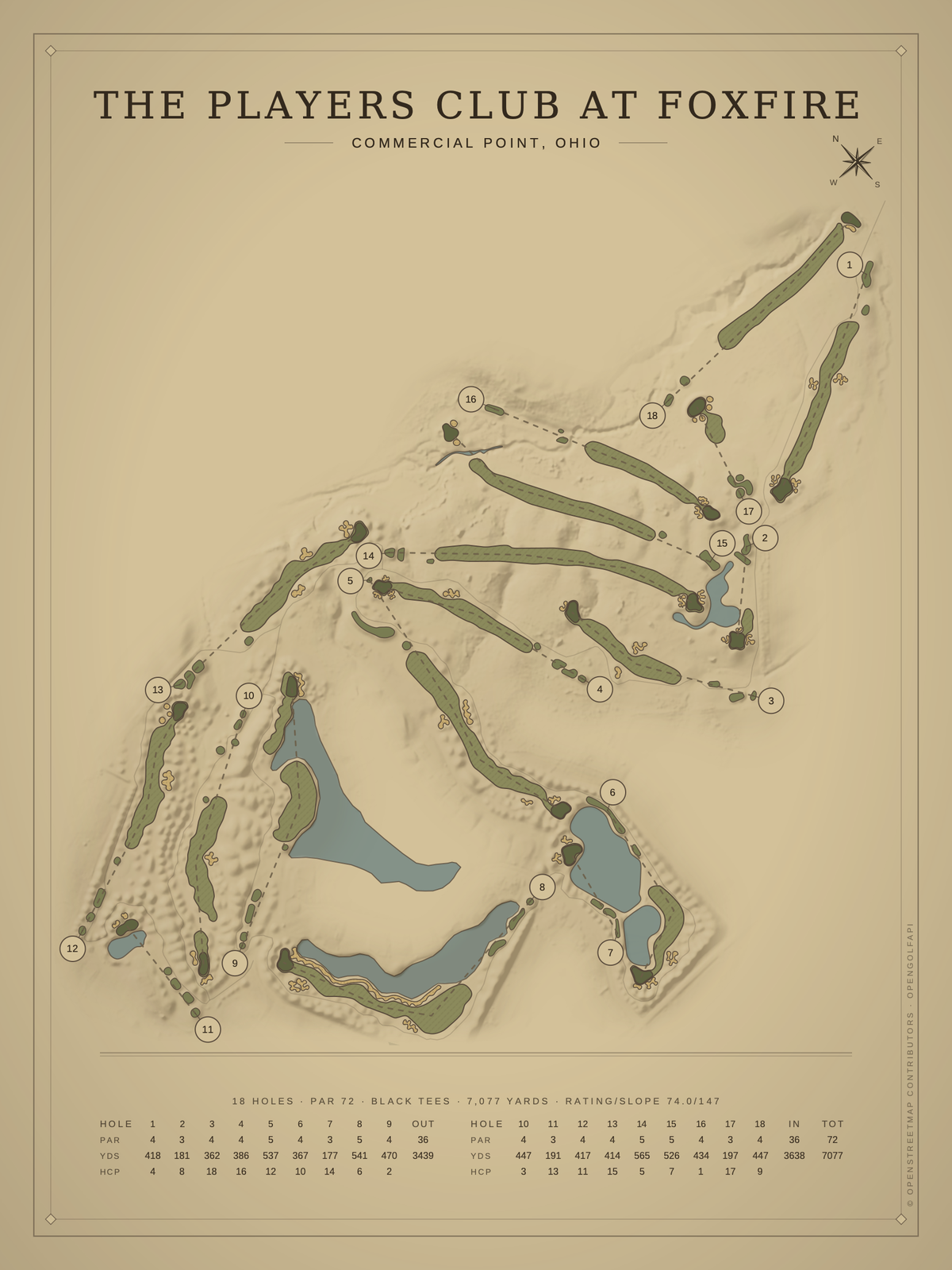 The Players Club at Foxfire course map poster, Vintage style, 12×16 / 18×24