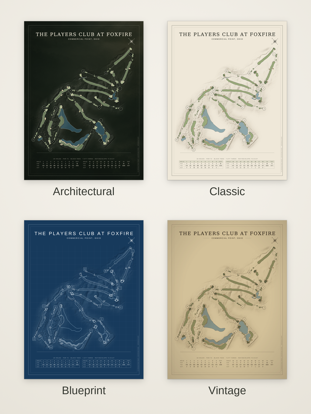 The Players Club at Foxfire course map poster in four styles: Architectural, Classic, Blueprint and Vintage