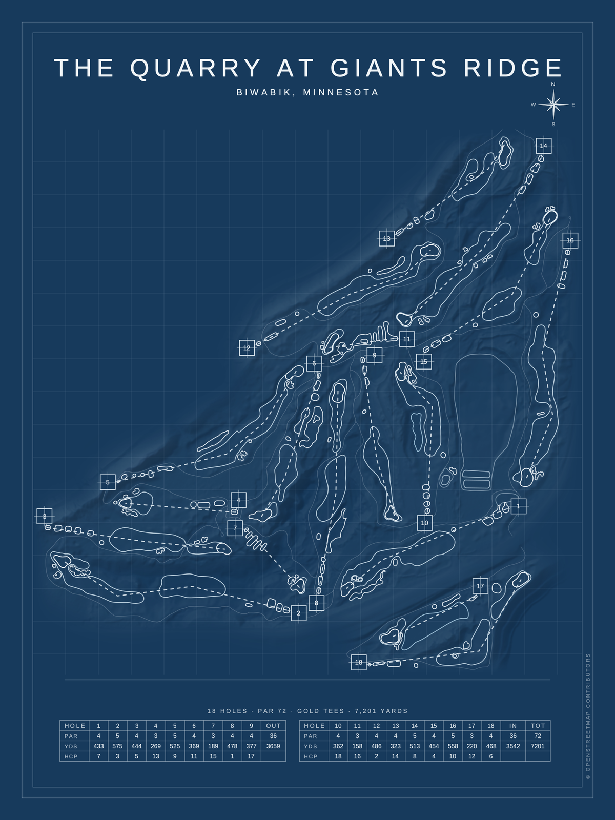 The Quarry at Giants Ridge course map poster, Blueprint style, 12×16 / 18×24