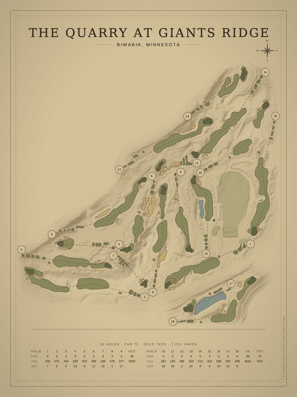 The Quarry at Giants Ridge course map poster, Vintage style, 12×16 / 18×24