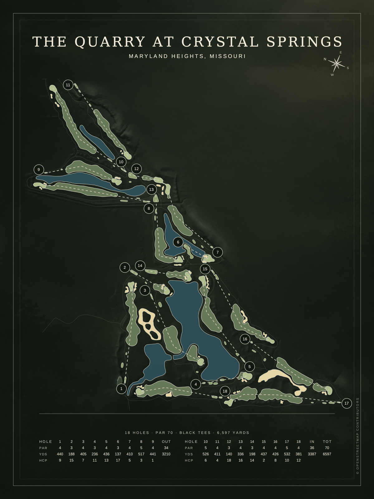 The Quarry at Crystal Springs course map poster, Architectural style, 12×16 / 18×24