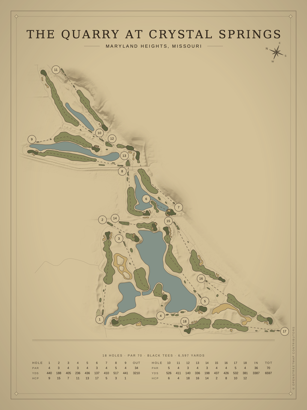 The Quarry at Crystal Springs course map poster, Vintage style, 12×16 / 18×24