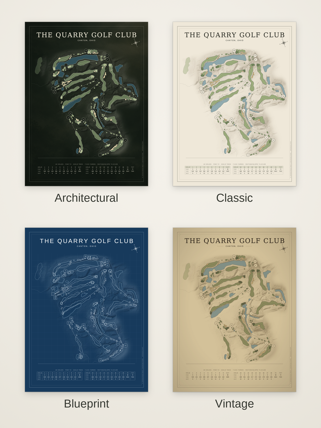 The Quarry Golf Club course map poster in four styles: Architectural, Classic, Blueprint and Vintage