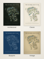 The Quarry Golf Club course map poster in four styles: Architectural, Classic, Blueprint and Vintage