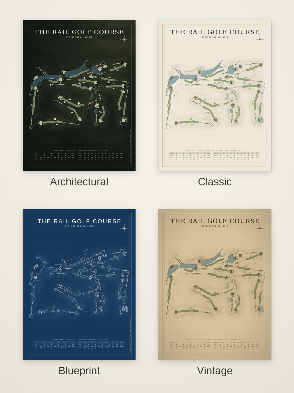 The Rail Golf Course map poster in four styles: Architectural, Classic, Blueprint and Vintage