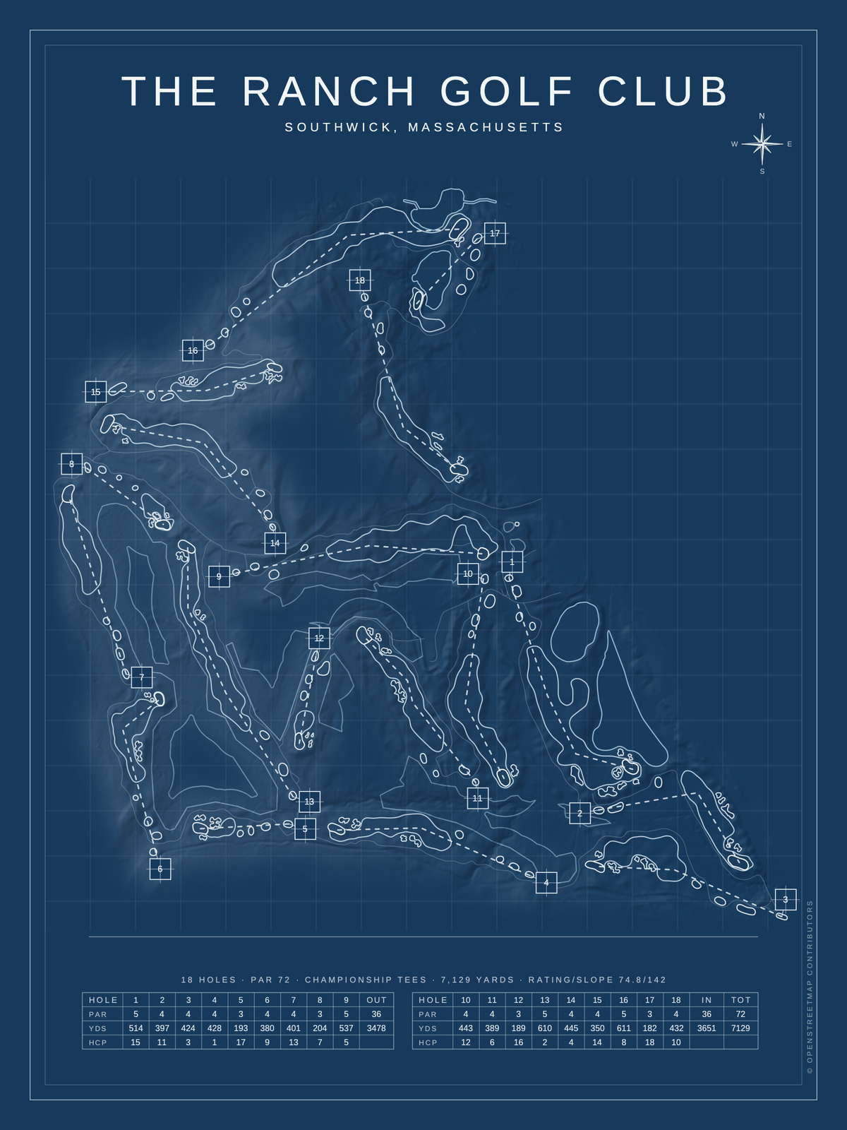 The Ranch Golf Club course map poster, Blueprint style, 12×16 / 18×24