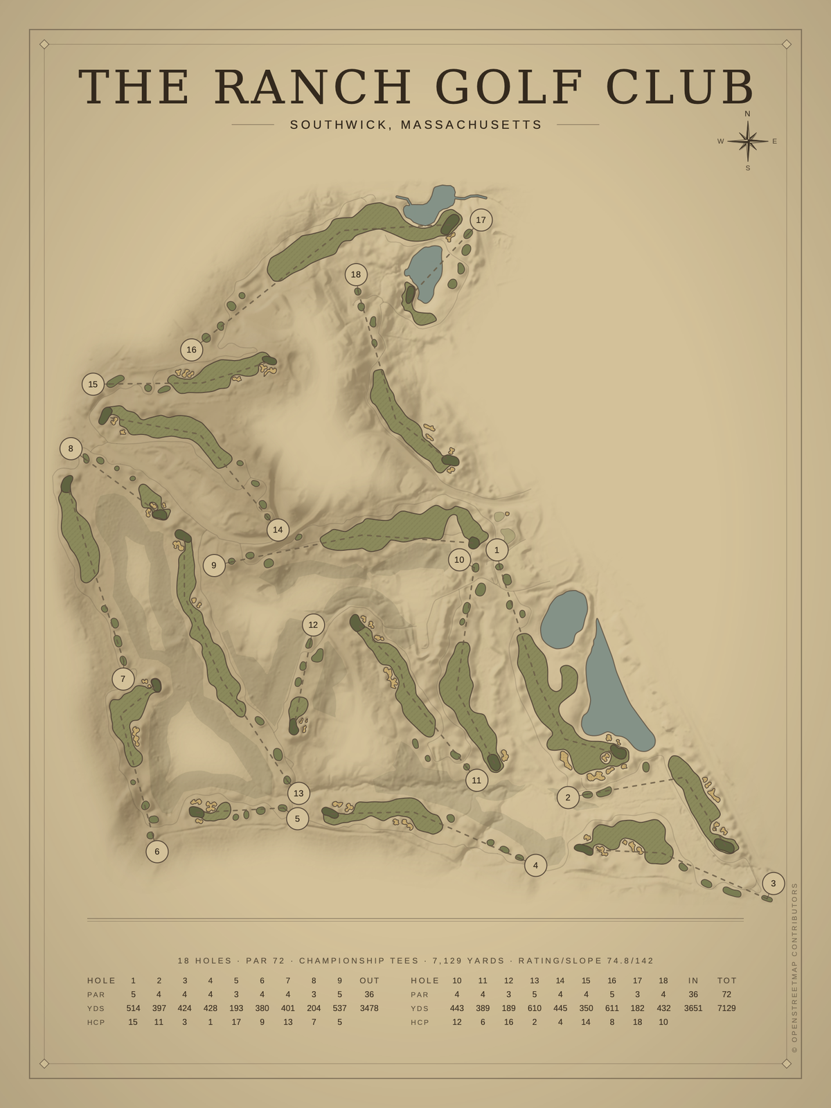 The Ranch Golf Club course map poster, Vintage style, 12×16 / 18×24