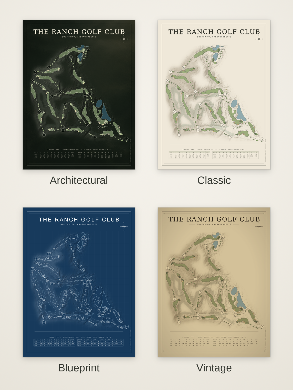 The Ranch Golf Club course map poster in four styles: Architectural, Classic, Blueprint and Vintage