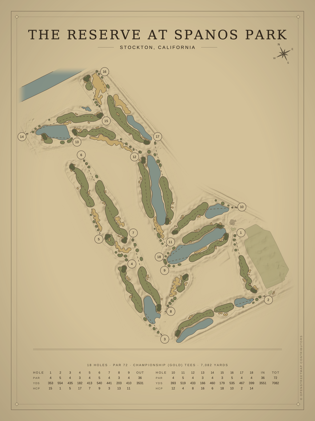 The Reserve at Spanos Park course map poster, Vintage style, 12×16 / 18×24