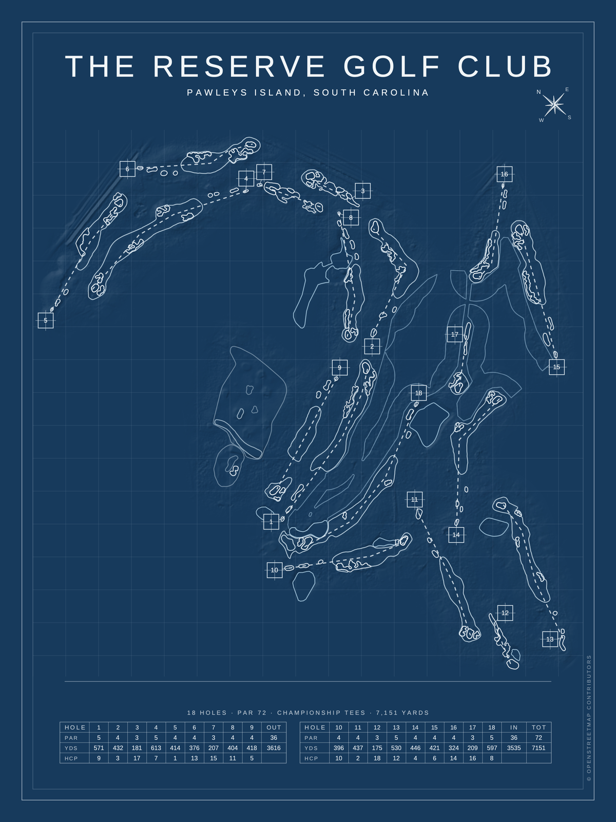 The Reserve Golf Club course map poster, Blueprint style, 12×16 / 18×24