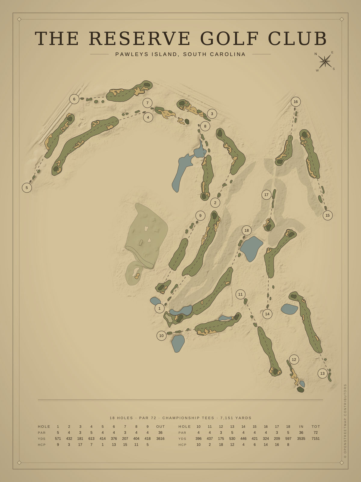 The Reserve Golf Club course map poster, Vintage style, 12×16 / 18×24