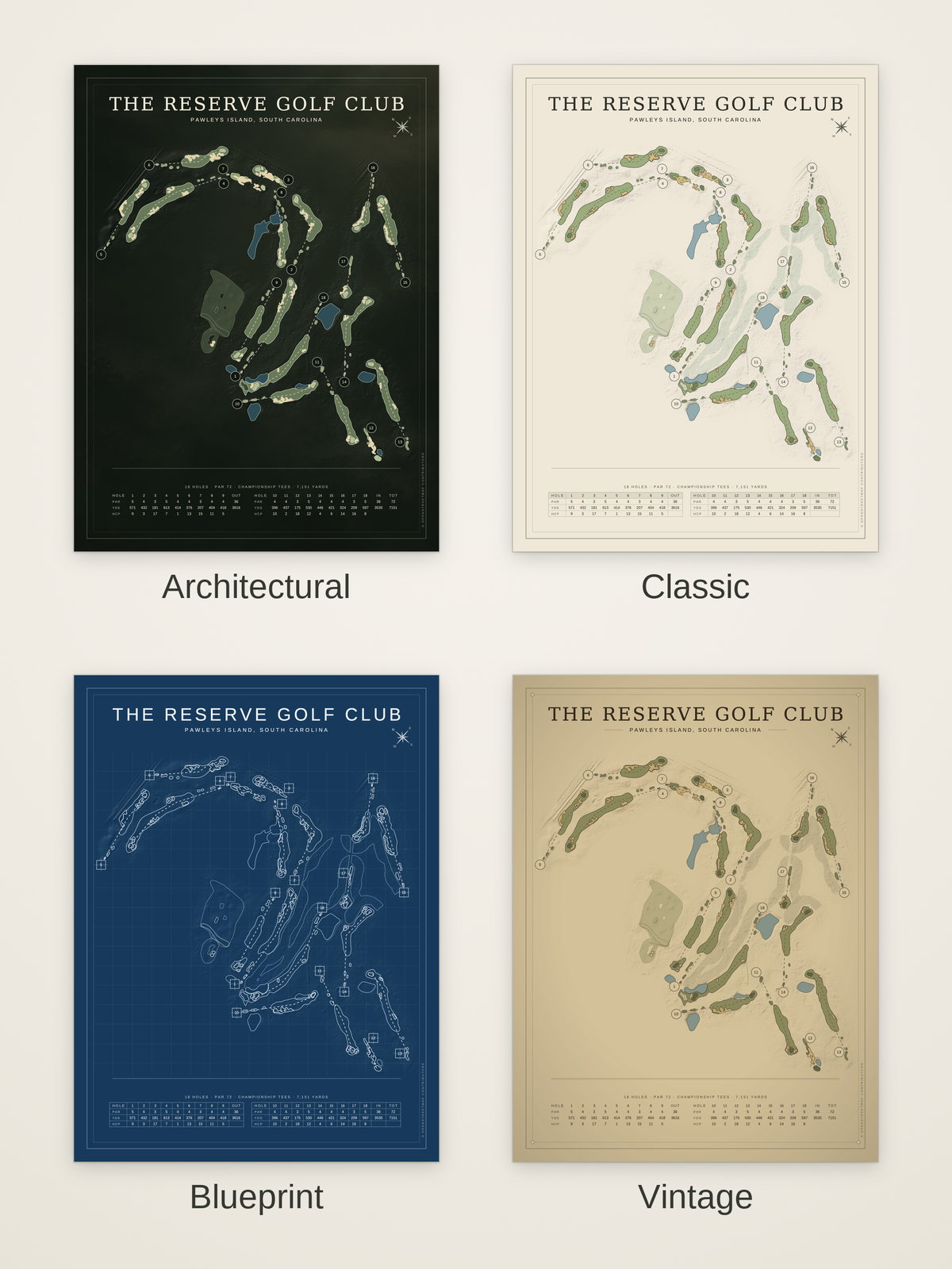 The Reserve Golf Club course map poster in four styles: Architectural, Classic, Blueprint and Vintage