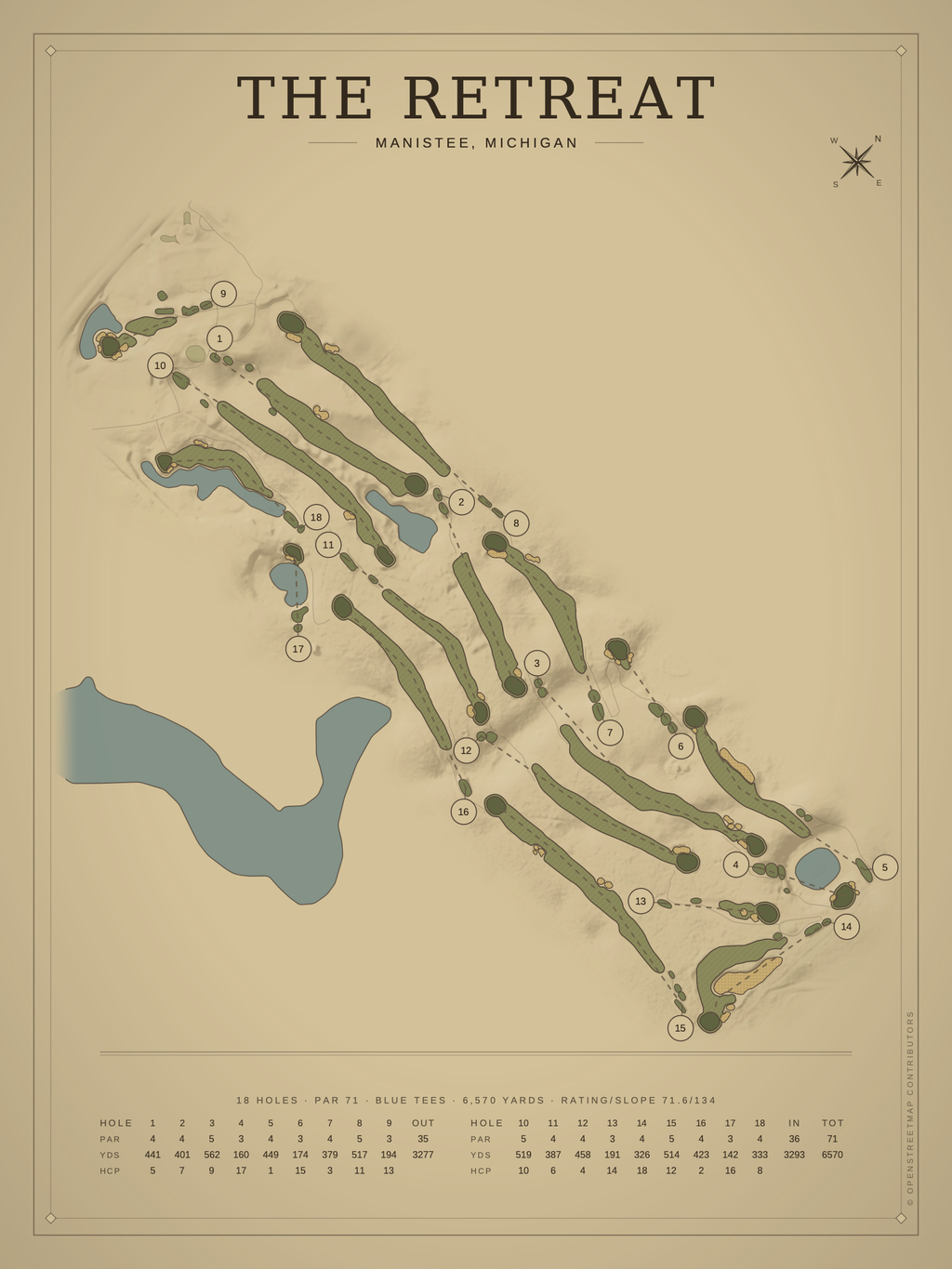 The Retreat course map poster, Vintage style, 12×16 / 18×24