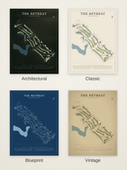 The Retreat course map poster in four styles: Architectural, Classic, Blueprint and Vintage