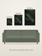 The Retreat course map poster in the Architectural style at 12×16, 18×24 and 24×36 inches, shown to scale on a wall above an 84-inch sofa