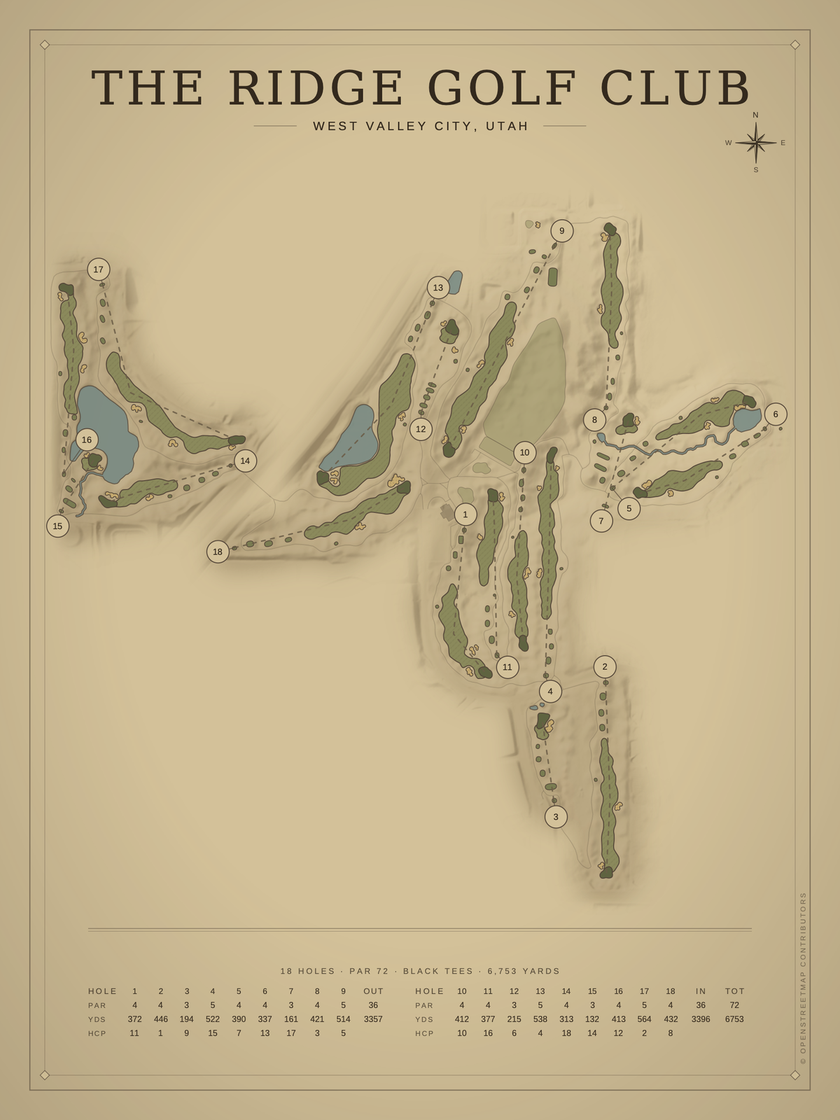 The Ridge Golf Club course map poster, Vintage style, 12×16 / 18×24
