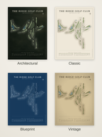 The Ridge Golf Club course map poster in four styles: Architectural, Classic, Blueprint and Vintage