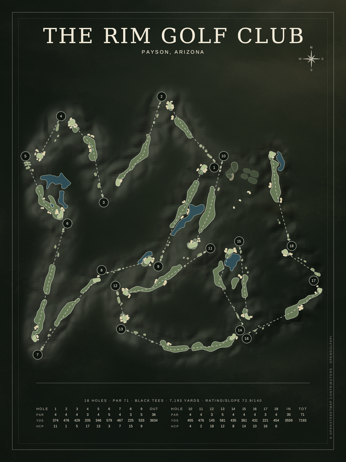 The Rim Golf Club course map poster, Architectural style, 12×16 / 18×24