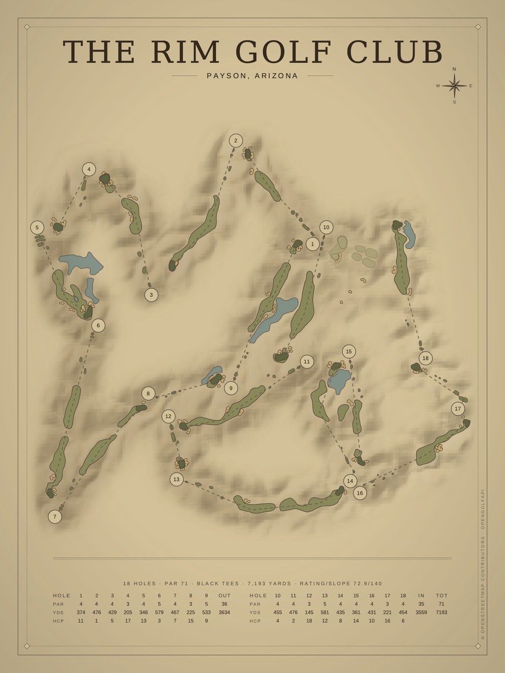 The Rim Golf Club course map poster, Vintage style, 12×16 / 18×24