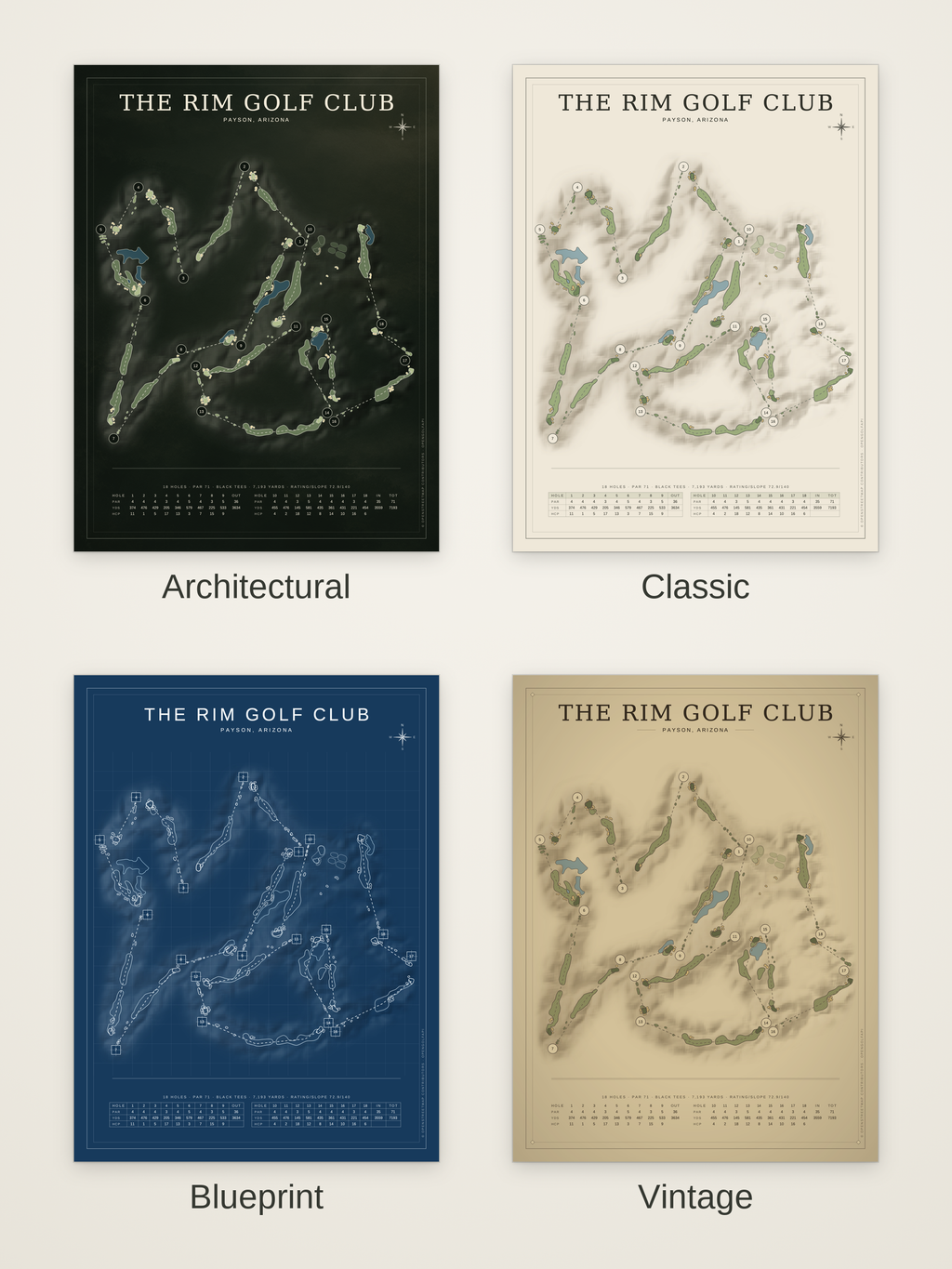 The Rim Golf Club course map poster in four styles: Architectural, Classic, Blueprint and Vintage