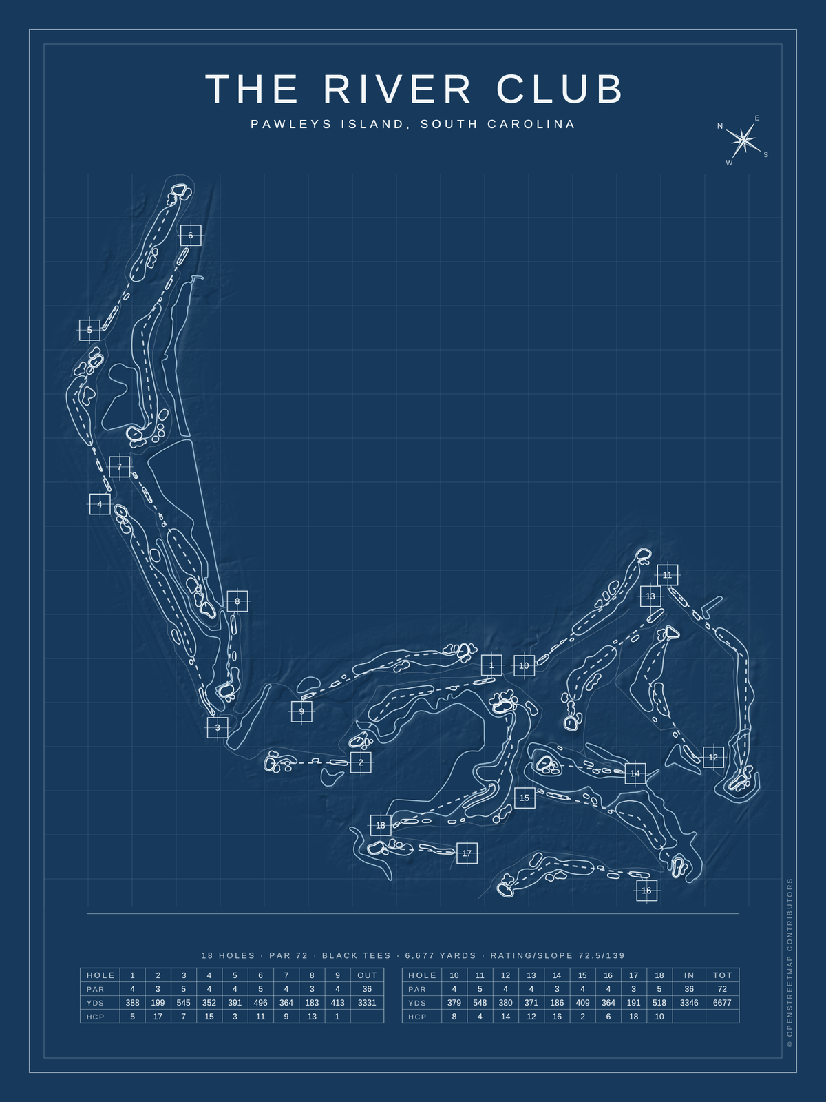The River Club course map poster, Blueprint style, 12×16 / 18×24