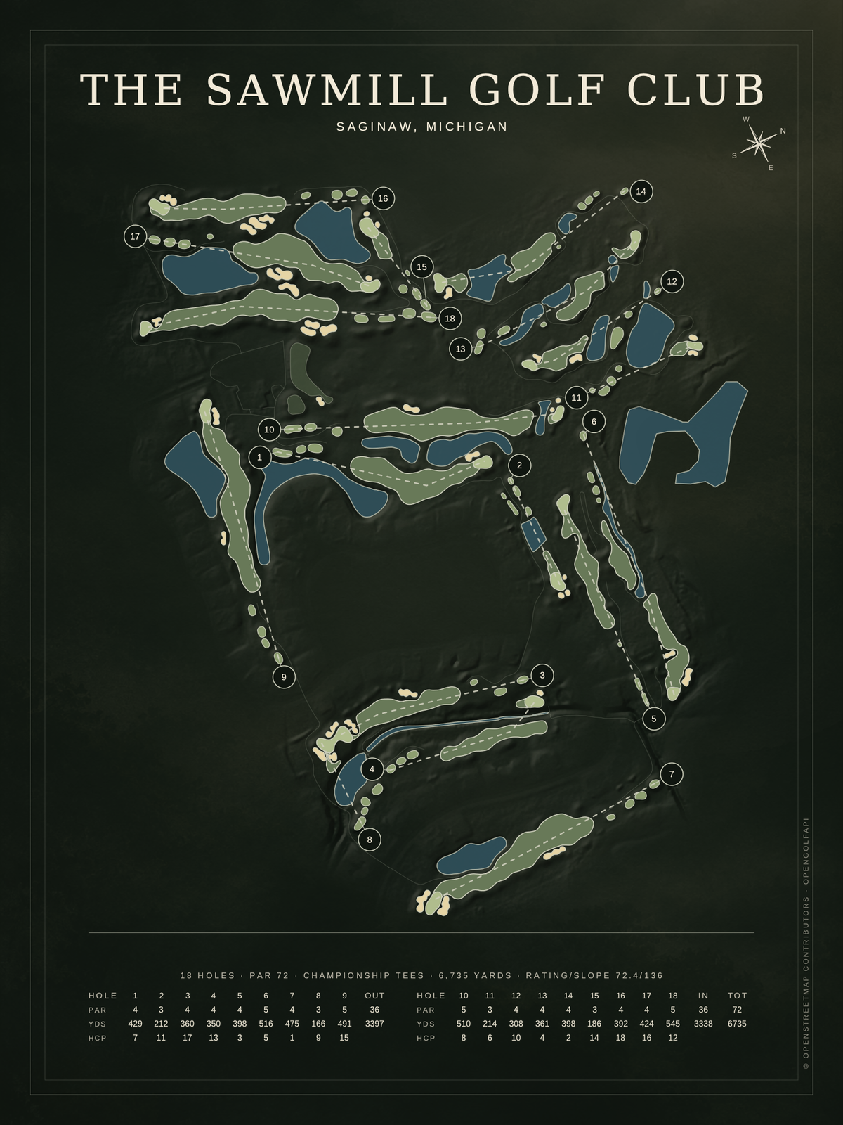 The Sawmill Golf Club course map poster, Architectural style, 12×16 / 18×24