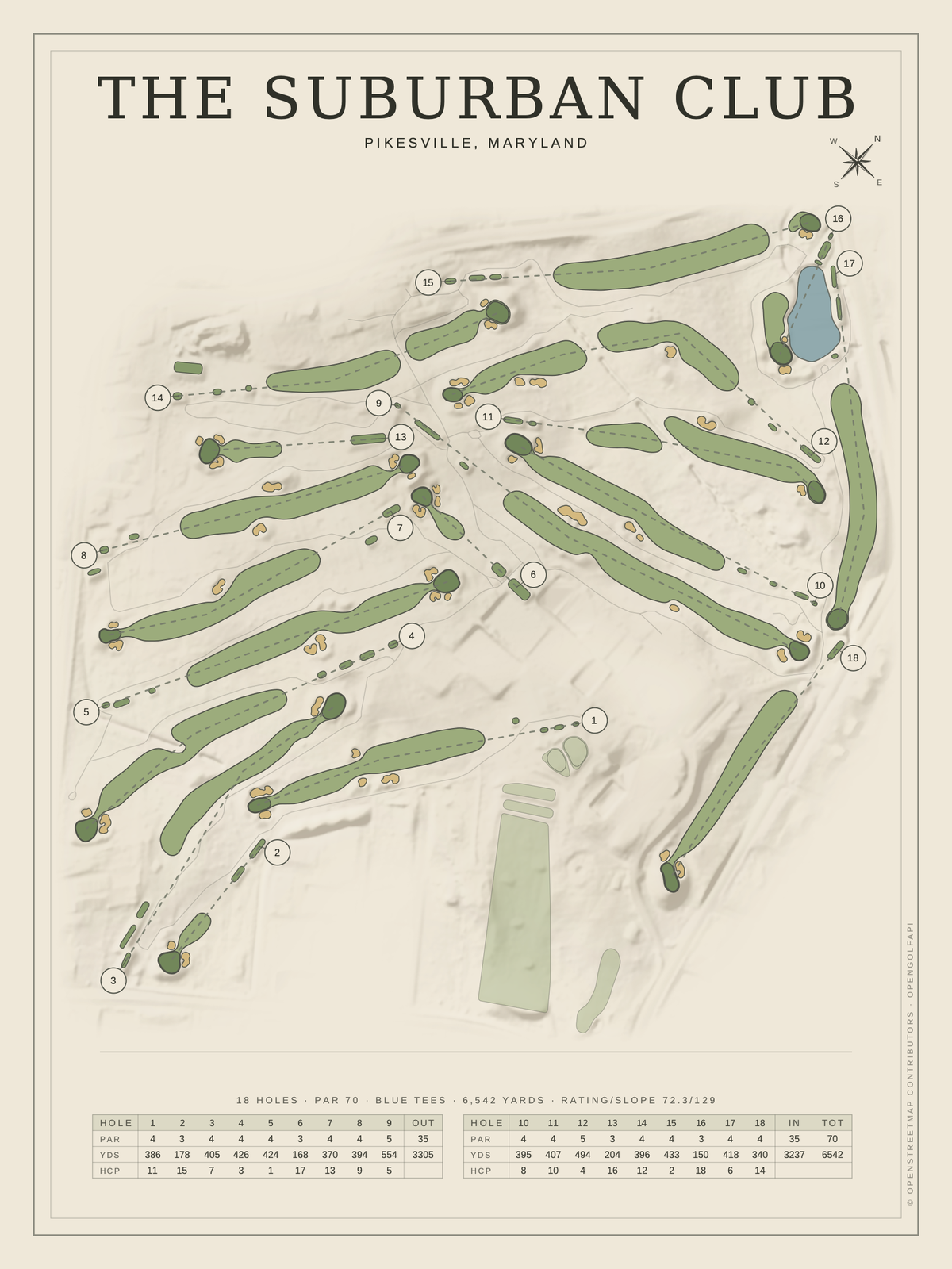 The Suburban Club course map poster, Classic style, 12×16 / 18×24