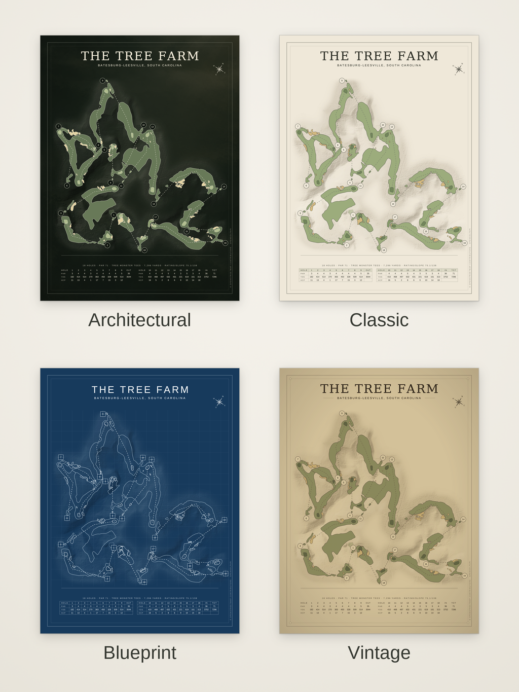 The Tree Farm course map poster in four styles: Architectural, Classic, Blueprint and Vintage