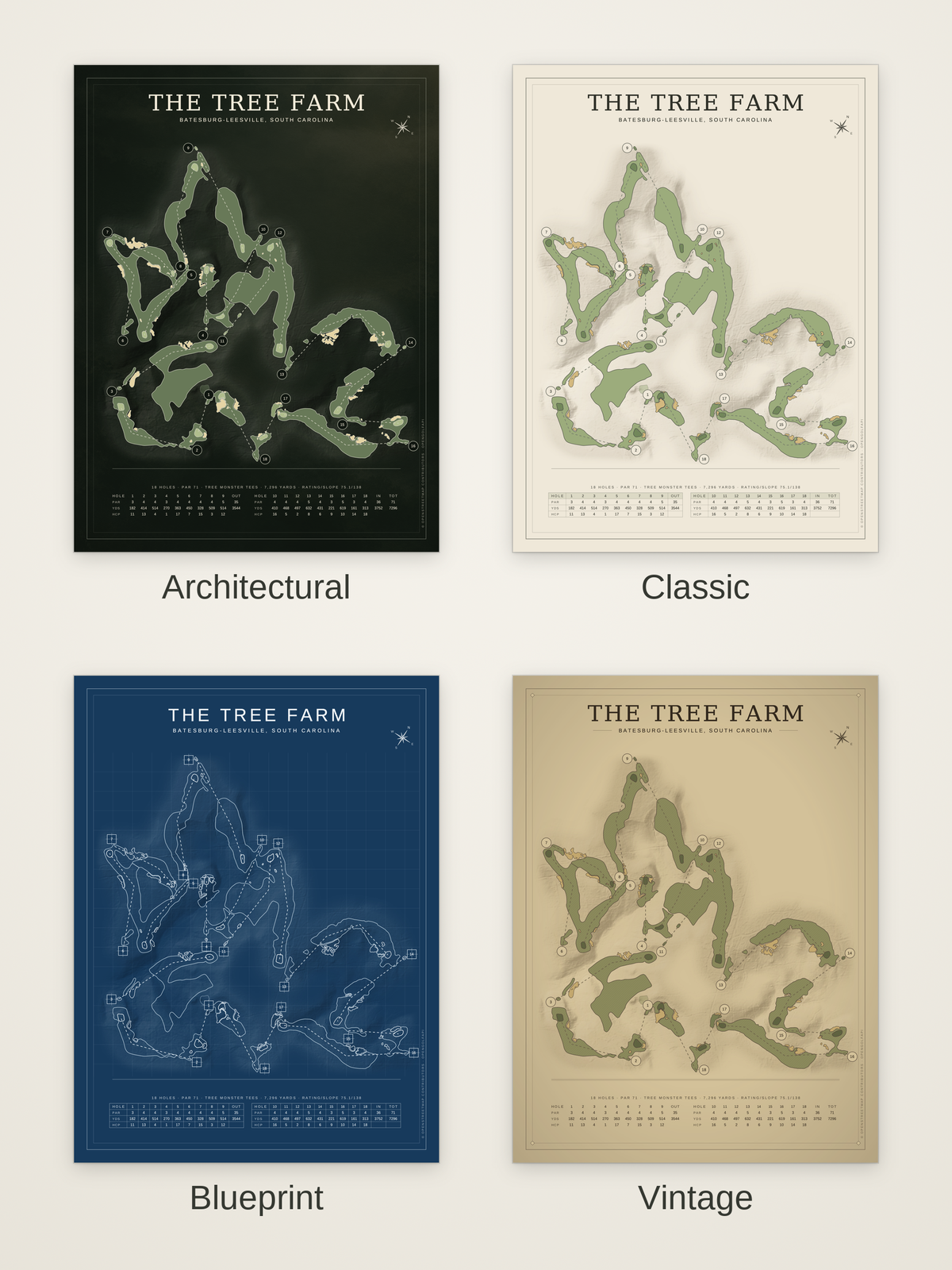 The Tree Farm course map poster in four styles: Architectural, Classic, Blueprint and Vintage