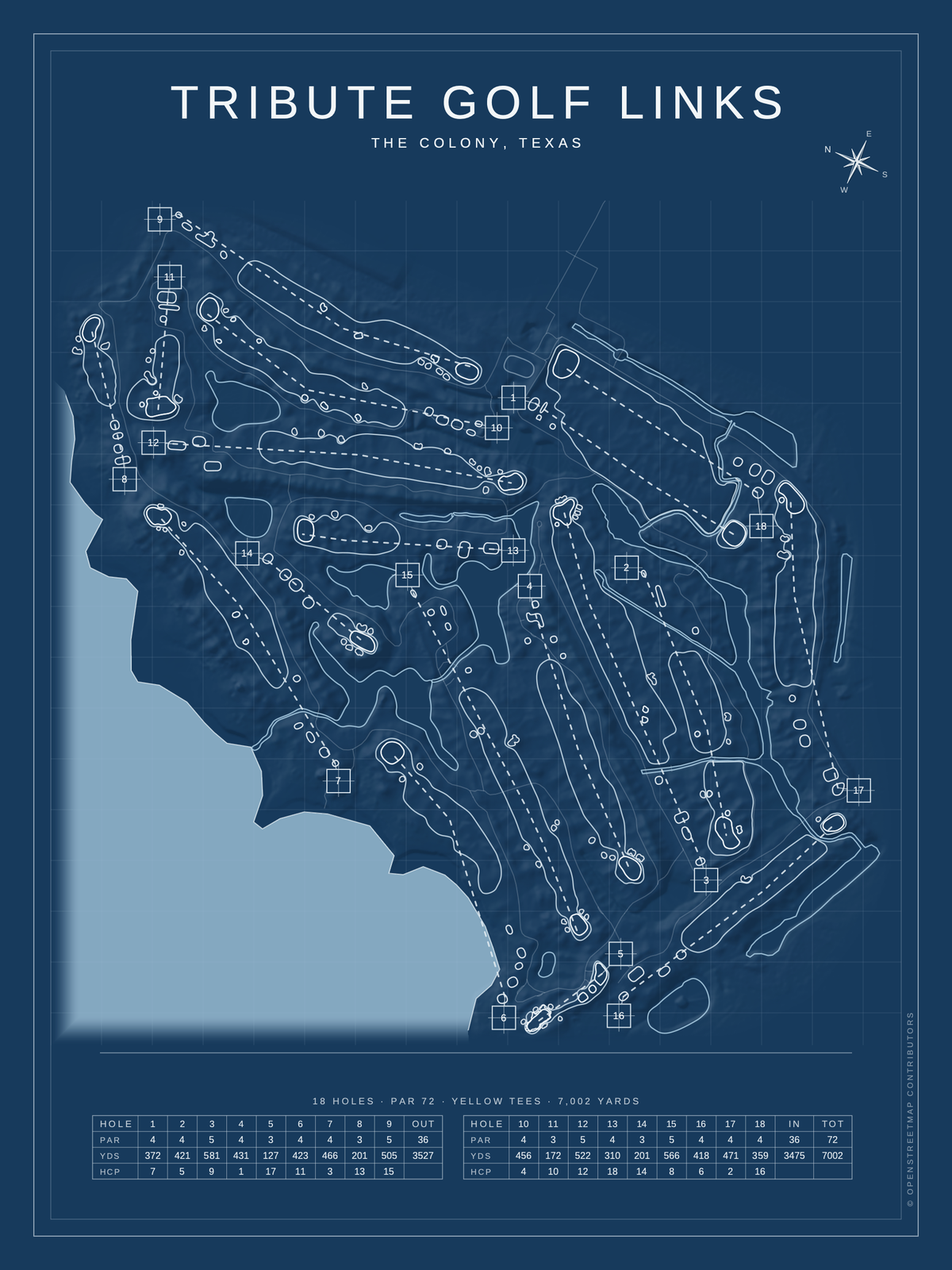 Tribute Golf Links course map poster, Blueprint style, 12×16 / 18×24