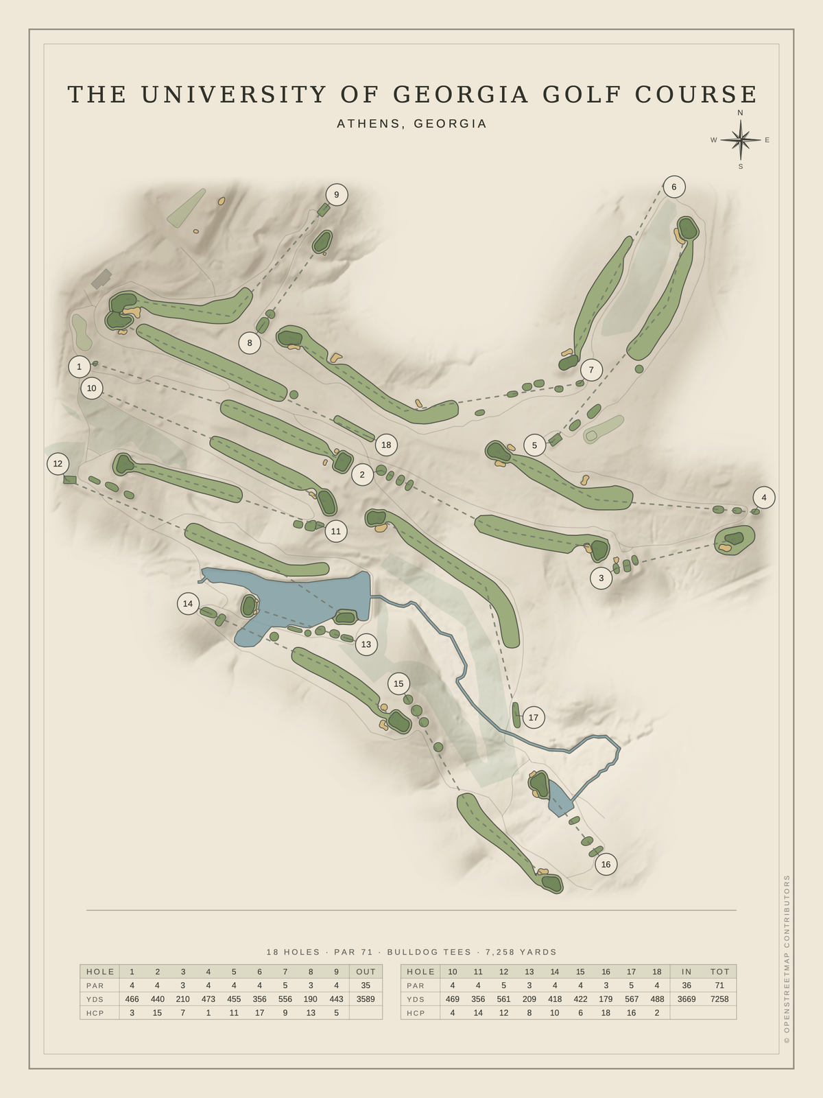 The University of Georgia Golf Course map poster, Classic style, 12×16 / 18×24