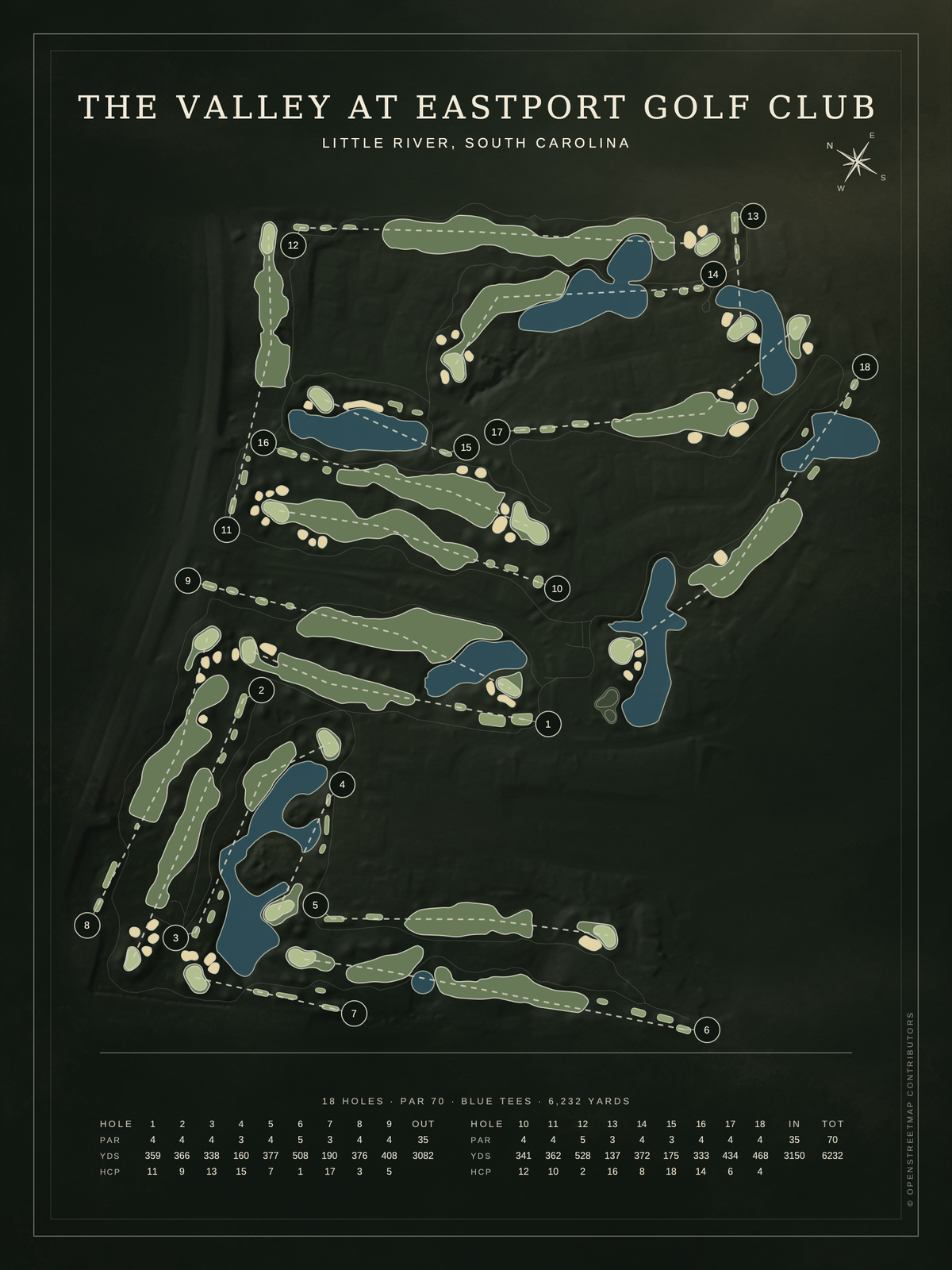 The Valley at Eastport Golf Club course map poster, Architectural style, 12×16 / 18×24