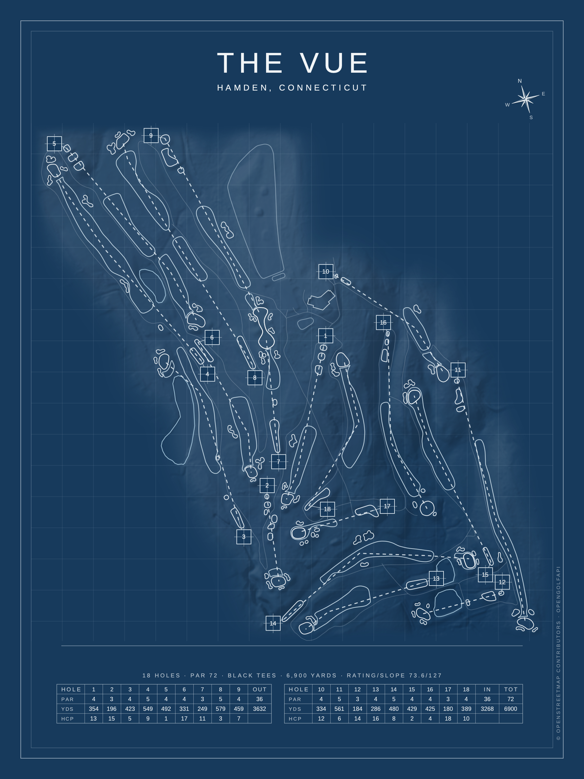 The VUE course map poster, Blueprint style, 12×16 / 18×24