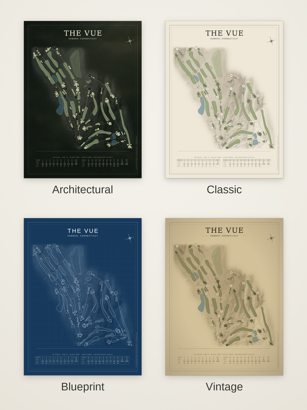 The VUE course map poster in four styles: Architectural, Classic, Blueprint and Vintage