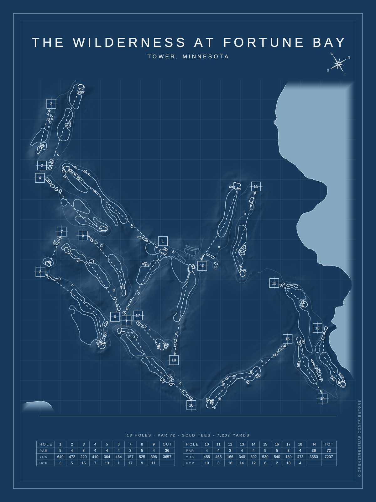 The Wilderness at Fortune Bay course map poster, Blueprint style, 12×16 / 18×24