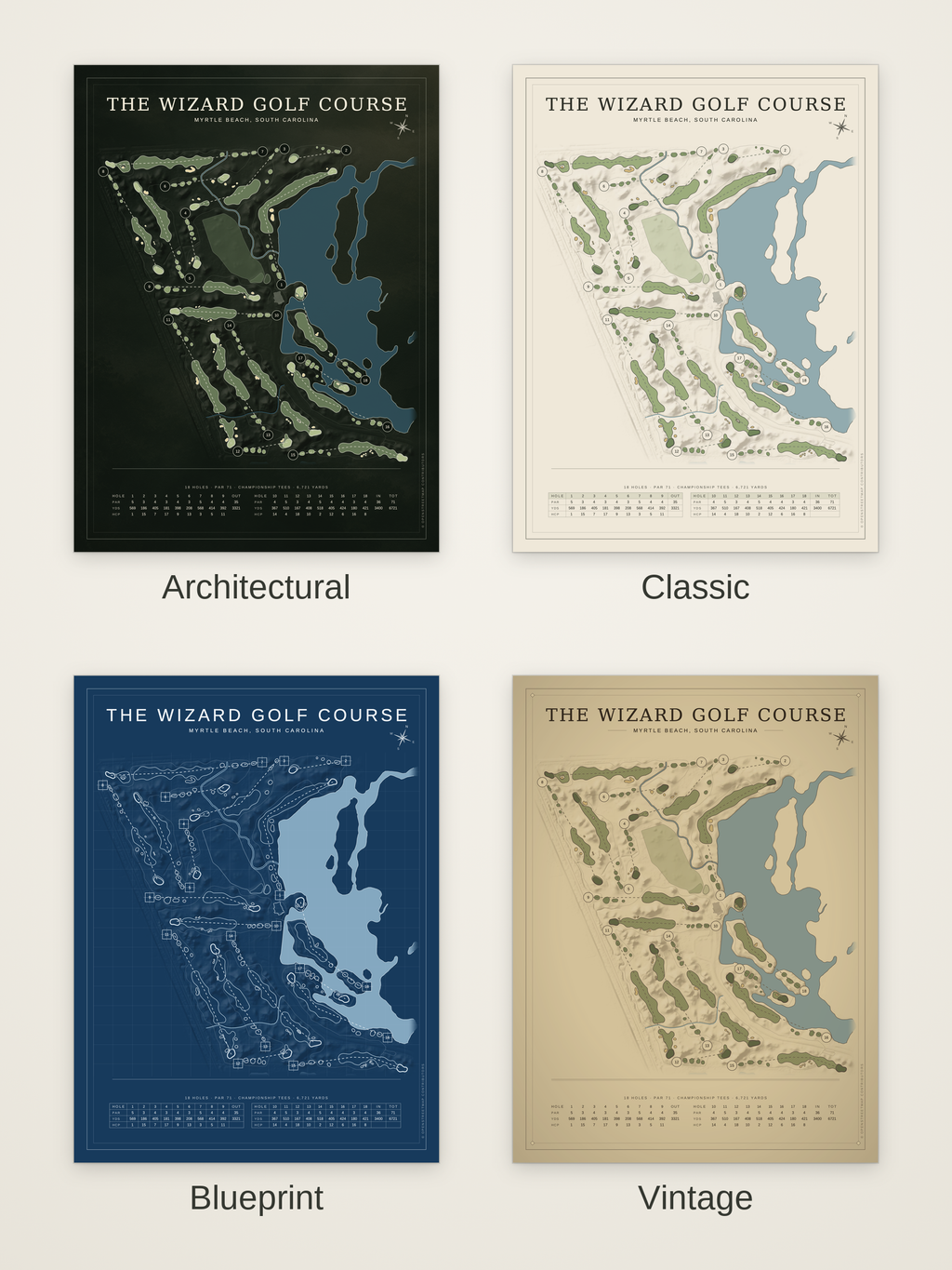 The Wizard Golf Course map poster in four styles: Architectural, Classic, Blueprint and Vintage