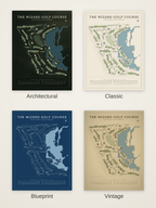 The Wizard Golf Course map poster in four styles: Architectural, Classic, Blueprint and Vintage