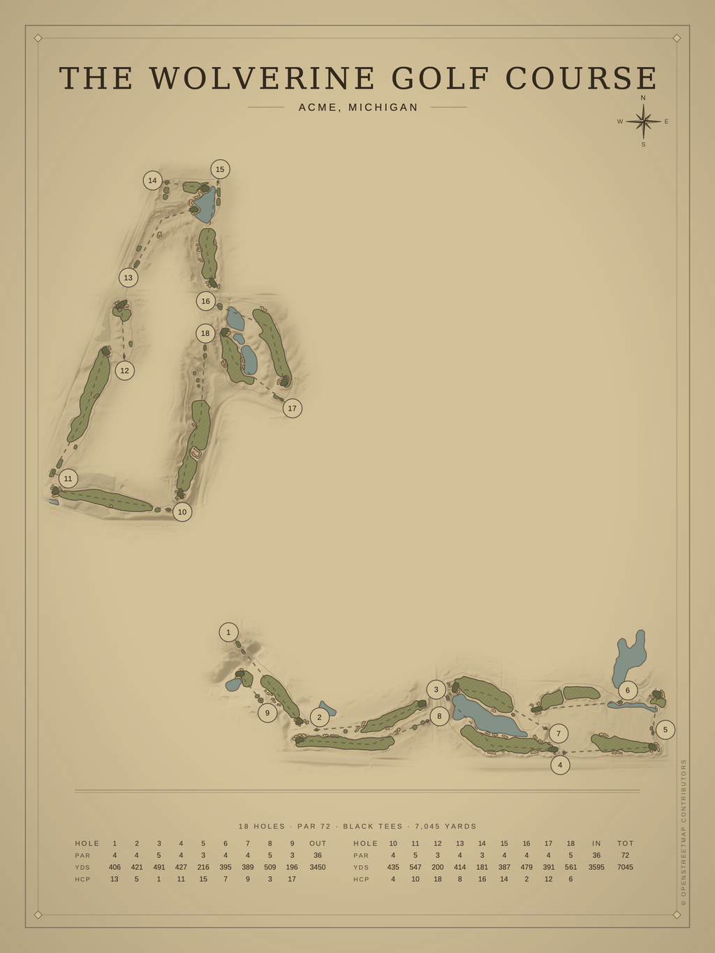 The Wolverine Golf Course map poster, Vintage style, 12×16 / 18×24