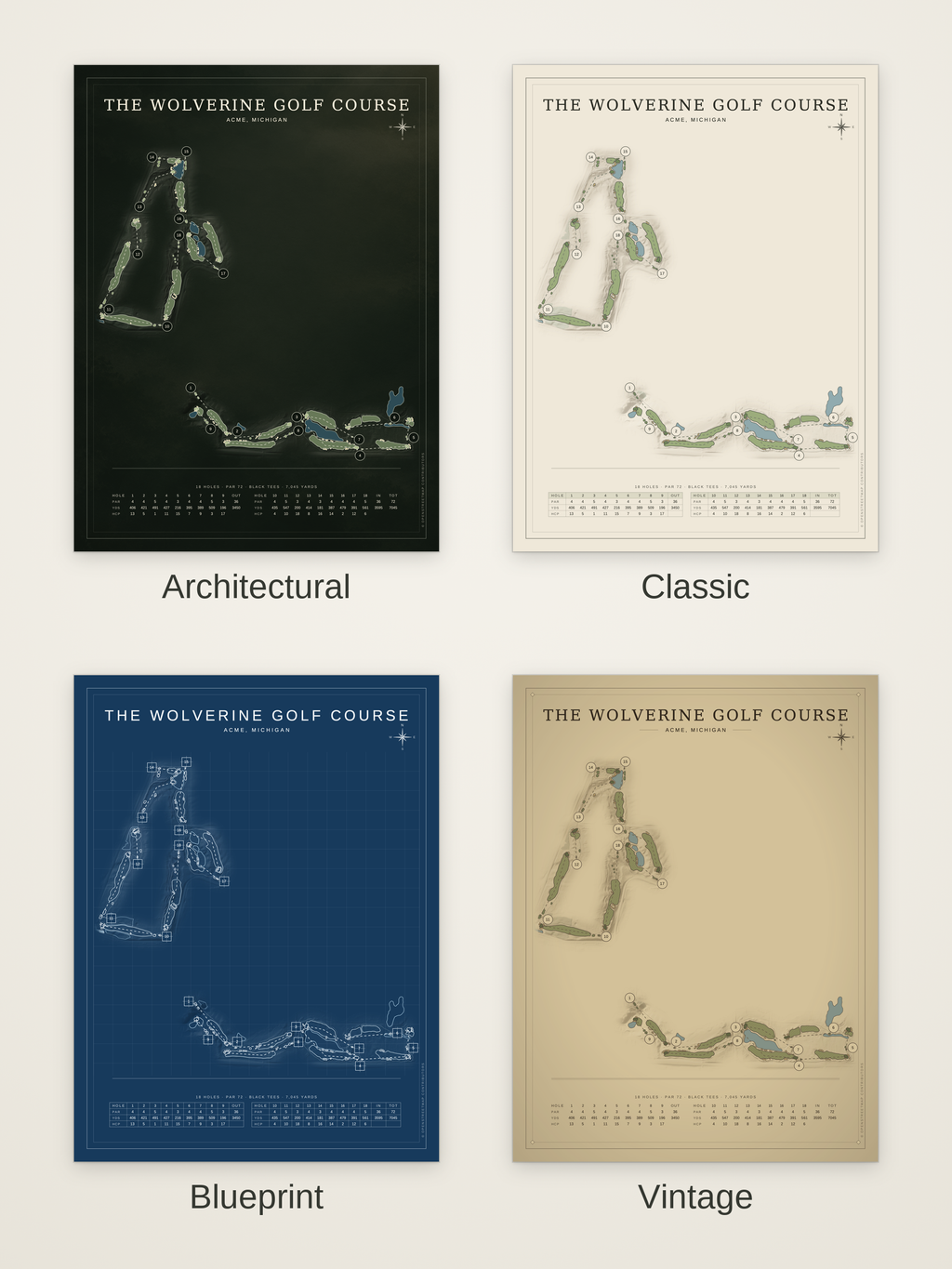 The Wolverine Golf Course map poster in four styles: Architectural, Classic, Blueprint and Vintage