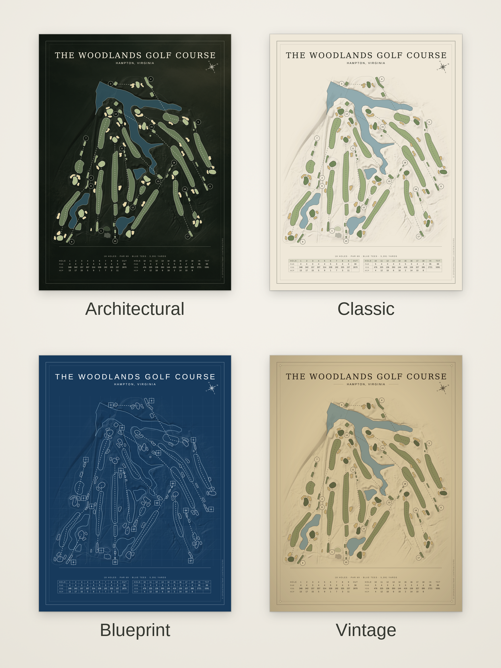 The Woodlands Golf Course map poster in four styles: Architectural, Classic, Blueprint and Vintage