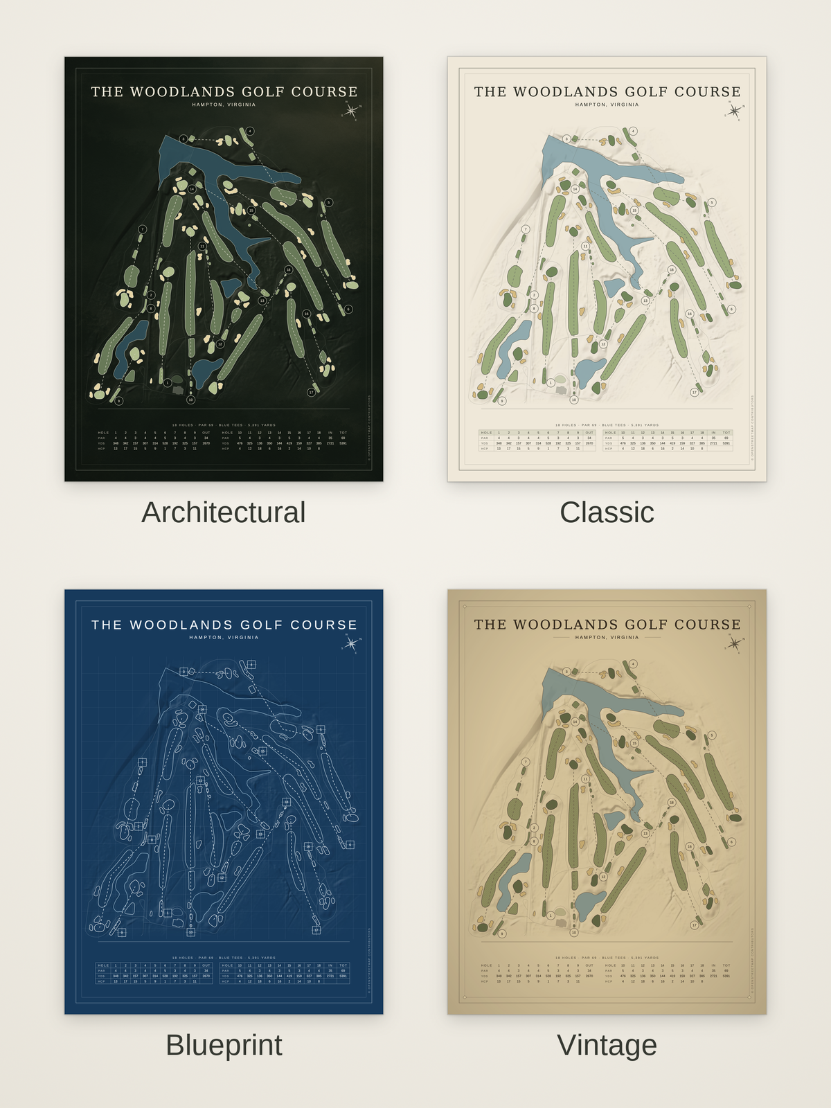 The Woodlands Golf Course map poster in four styles: Architectural, Classic, Blueprint and Vintage