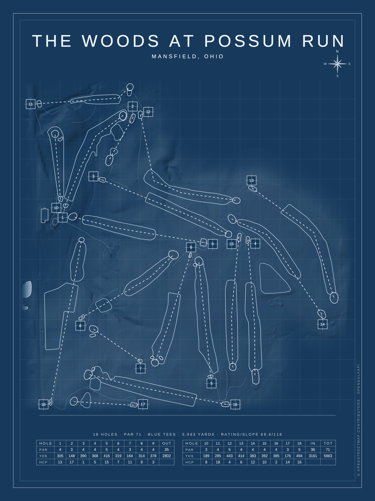The Woods at Possum Run course map poster, Blueprint style, 12×16 / 18×24