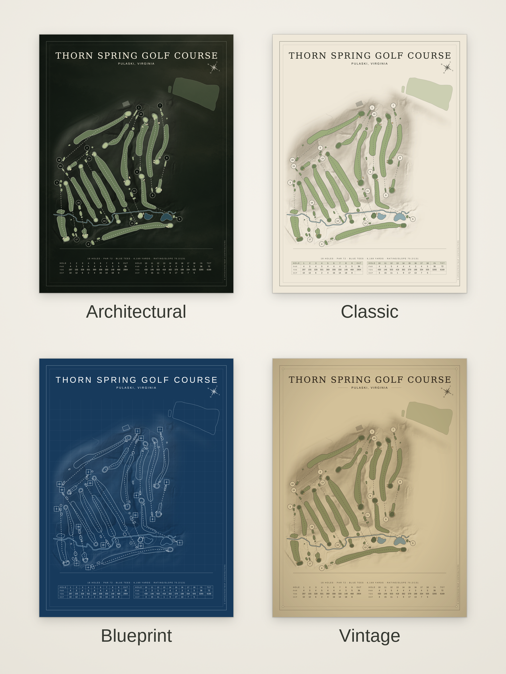 Thorn Spring Golf Course map poster in four styles: Architectural, Classic, Blueprint and Vintage