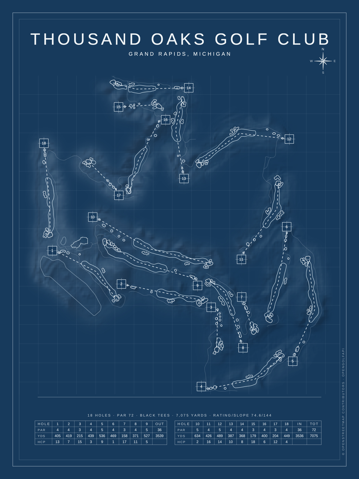 Thousand Oaks Golf Club course map poster, Blueprint style, 12×16 / 18×24