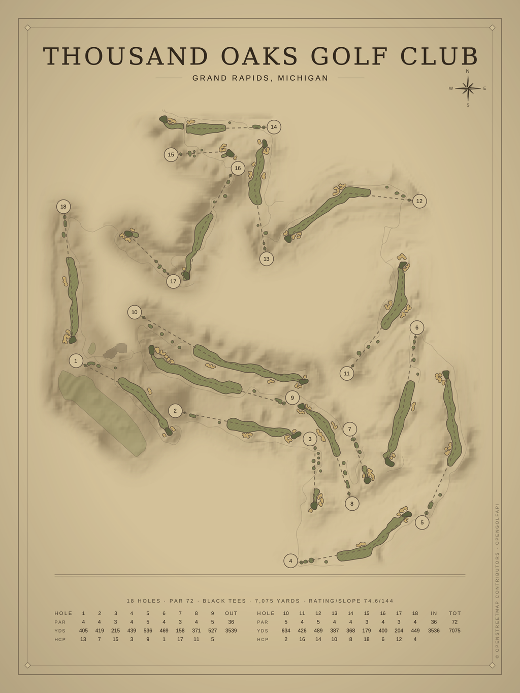 Thousand Oaks Golf Club course map poster, Vintage style, 12×16 / 18×24
