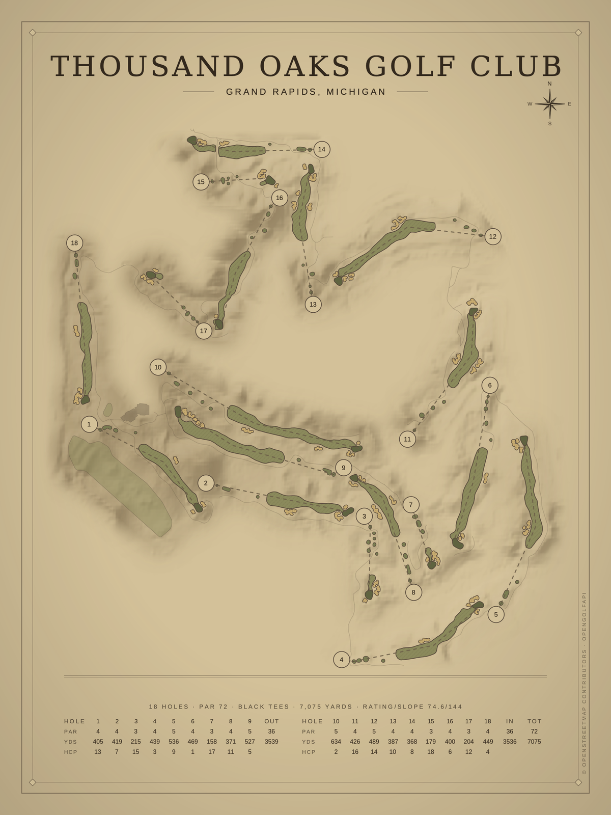Thousand Oaks Golf Club course map poster, Vintage style, 12×16 / 18×24