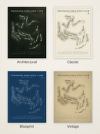 Thousand Oaks Golf Club course map poster in four styles: Architectural, Classic, Blueprint and Vintage