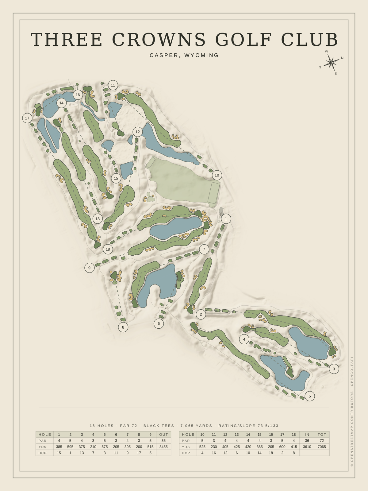 Three Crowns Golf Club course map poster, Classic style, 12×16 / 18×24